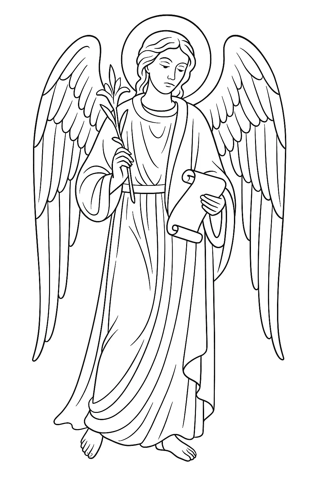 Desenho de contorno em preto e branco de um anjo em pé, vestindo túnica longa. O anjo tem grandes asas, auréola e segura um pergaminho enrolado em uma mão e um galho de folhas (ramo de oliveira) na outra.
