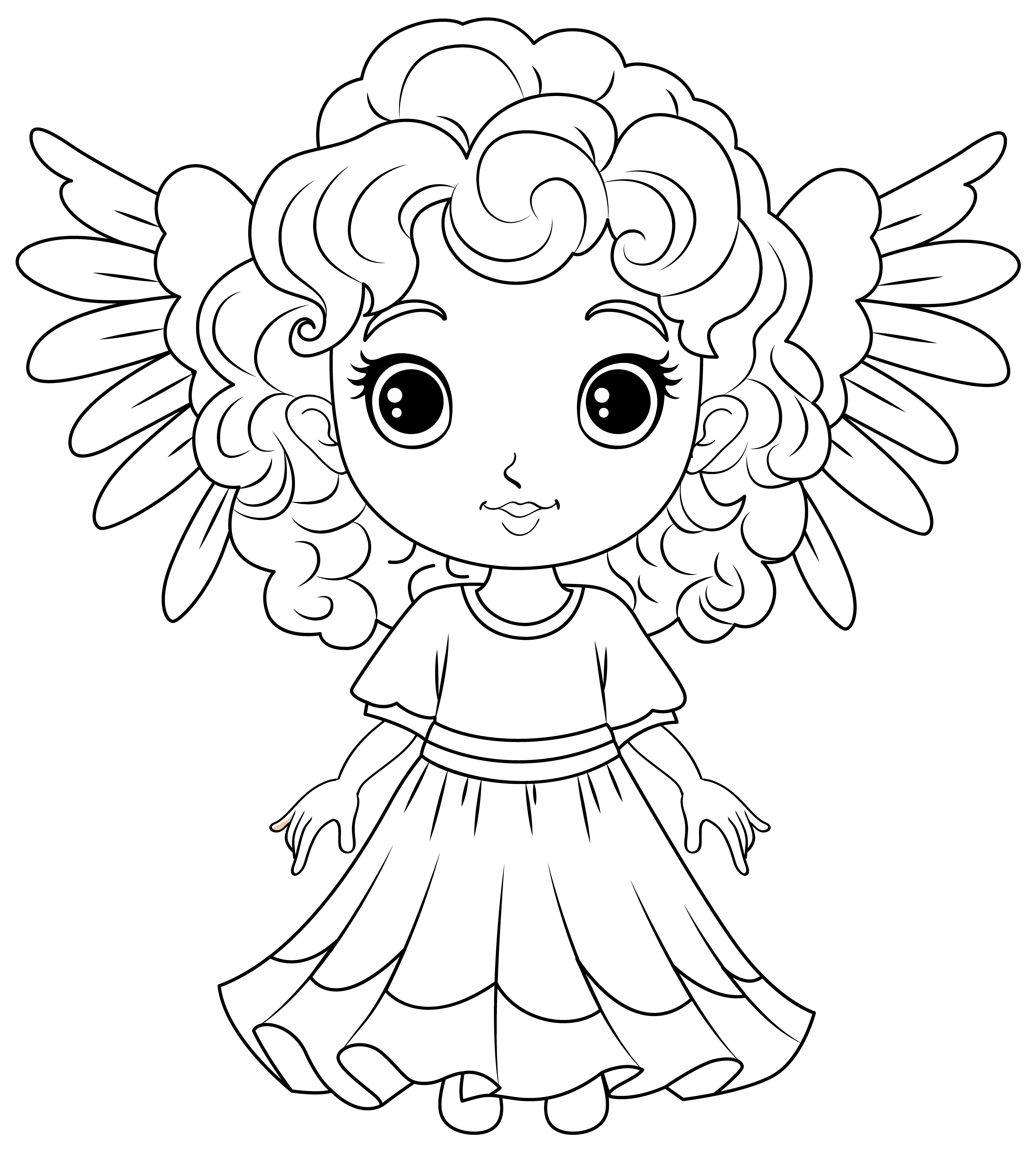 Desenho de contorno em preto e branco, estilo chibi ou kawaii, de um anjo criança (querubim). A figura tem cabelo cacheado volumoso, grandes olhos, pequenas asas e veste um vestido com detalhes na cintura.