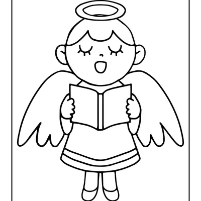 Desenho de contorno em preto e branco, estilo kawaiichibi, de um anjo criança com cabelo curto, auréola e asas. O anjo está com a boca aberta cantando e segurando um livro (hino ou partitura) com ambas as mãos.