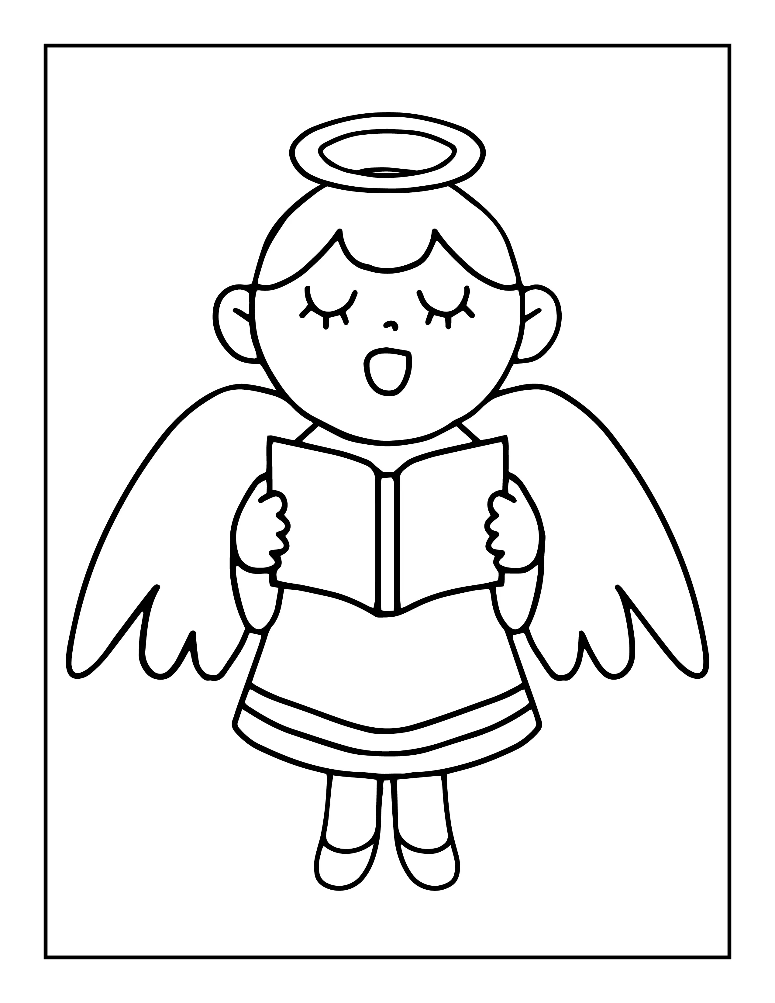 Desenho de contorno em preto e branco, estilo kawaiichibi, de um anjo criança com cabelo curto, auréola e asas. O anjo está com a boca aberta cantando e segurando um livro (hino ou partitura) com ambas as mãos.