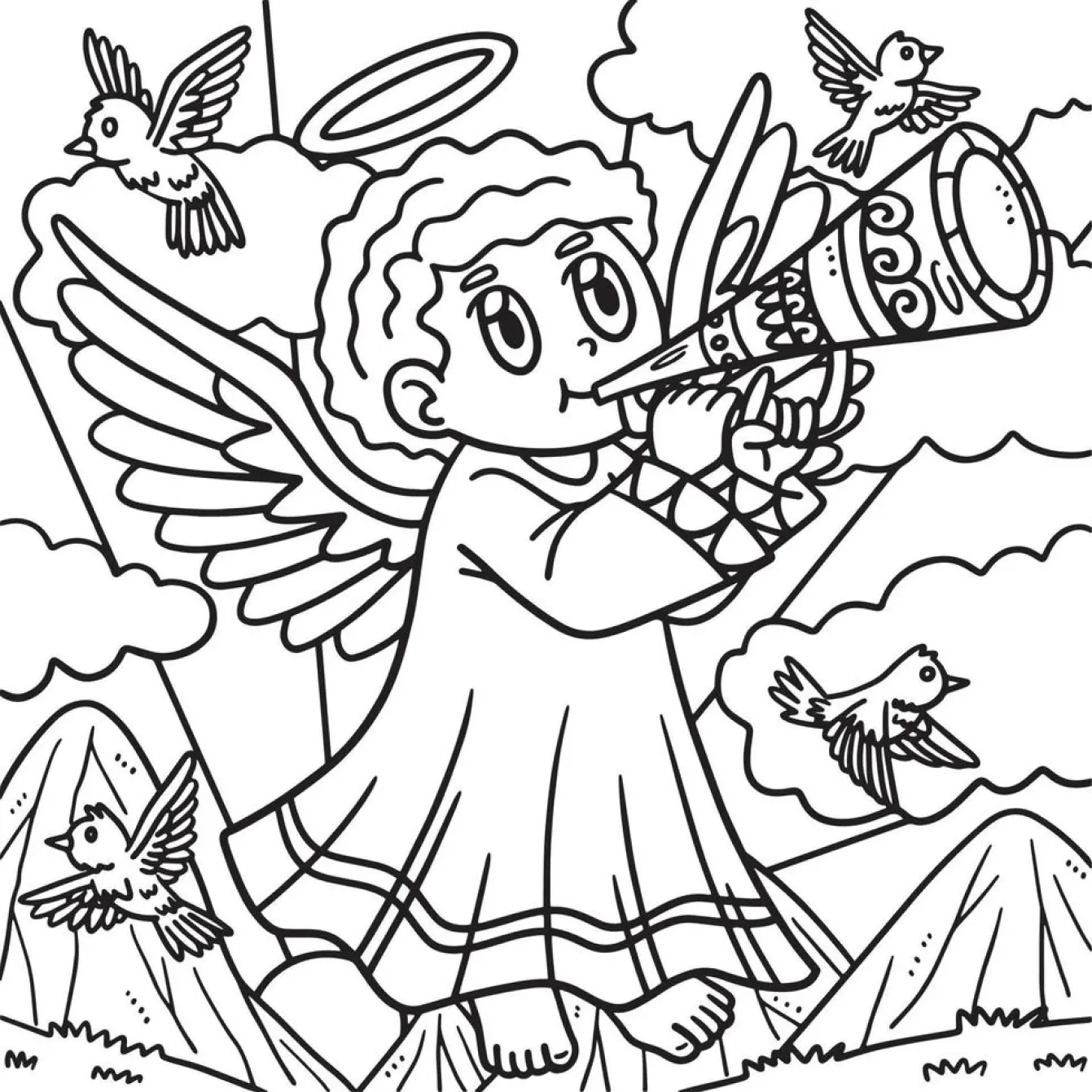 Desenho de contorno em preto e branco, estilo cartoon, de um anjo criança com cabelo cacheado, auréola e asas. Ele está tocando uma corneta decorada, enquanto quatro pássaros voam ao redor de montanhas e nuvens.