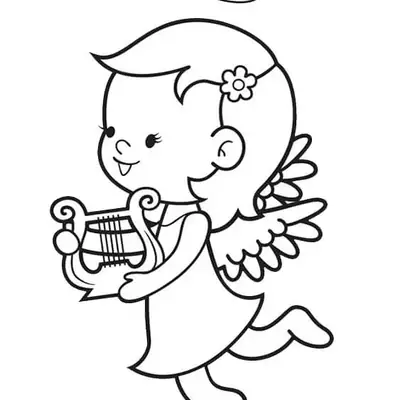 Desenho de contorno em preto e branco, estilo cartoon, de um anjo criança em movimento. O anjo tem cabelo curto com uma flor, auréola, pequenas asas e está tocando uma harpa (lira) de seis cordas.