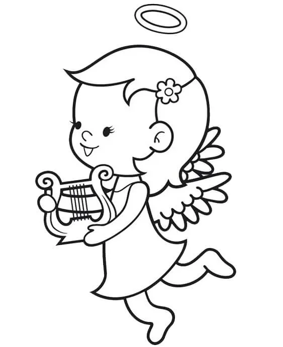 Desenho de contorno em preto e branco, estilo cartoon, de um anjo criança em movimento. O anjo tem cabelo curto com uma flor, auréola, pequenas asas e está tocando uma harpa (lira) de seis cordas.