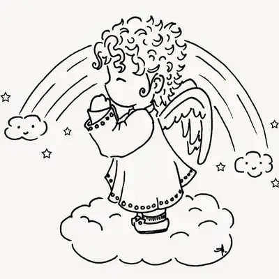 Desenho de contorno em preto e branco, estilo cartoonfofo, de um anjo criança de cabelo cacheado. O anjo veste uma túnica decorada, tem asas e está com as mãos unidas em oração sobre uma nuvem. Um arco-íris e estrelas de quatro pontas aparecem ao fundo.