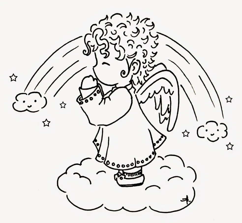 Desenho de contorno em preto e branco, estilo cartoonfofo, de um anjo criança de cabelo cacheado. O anjo veste uma túnica decorada, tem asas e está com as mãos unidas em oração sobre uma nuvem. Um arco-íris e estrelas de quatro pontas aparecem ao fundo.