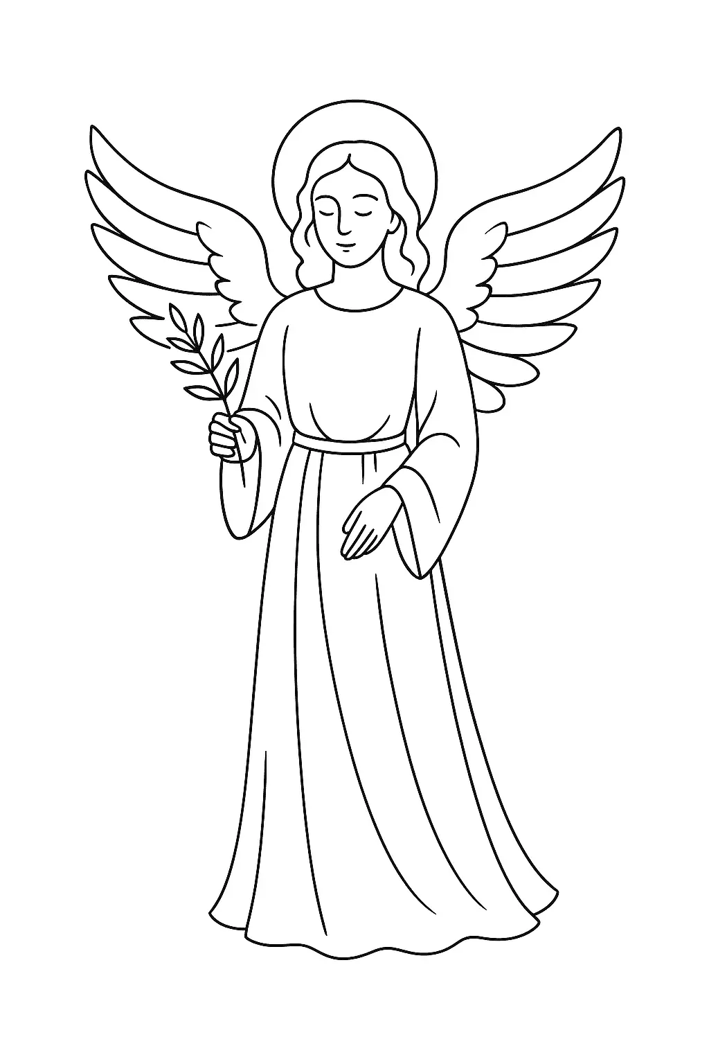 Desenho de contorno em preto e branco de um anjo em pé, com longas vestes e cabelo ondulado. O anjo tem um par de asas e segura um pequeno ramo de folhas (possivelmente oliveira ou louro) na mão direita.