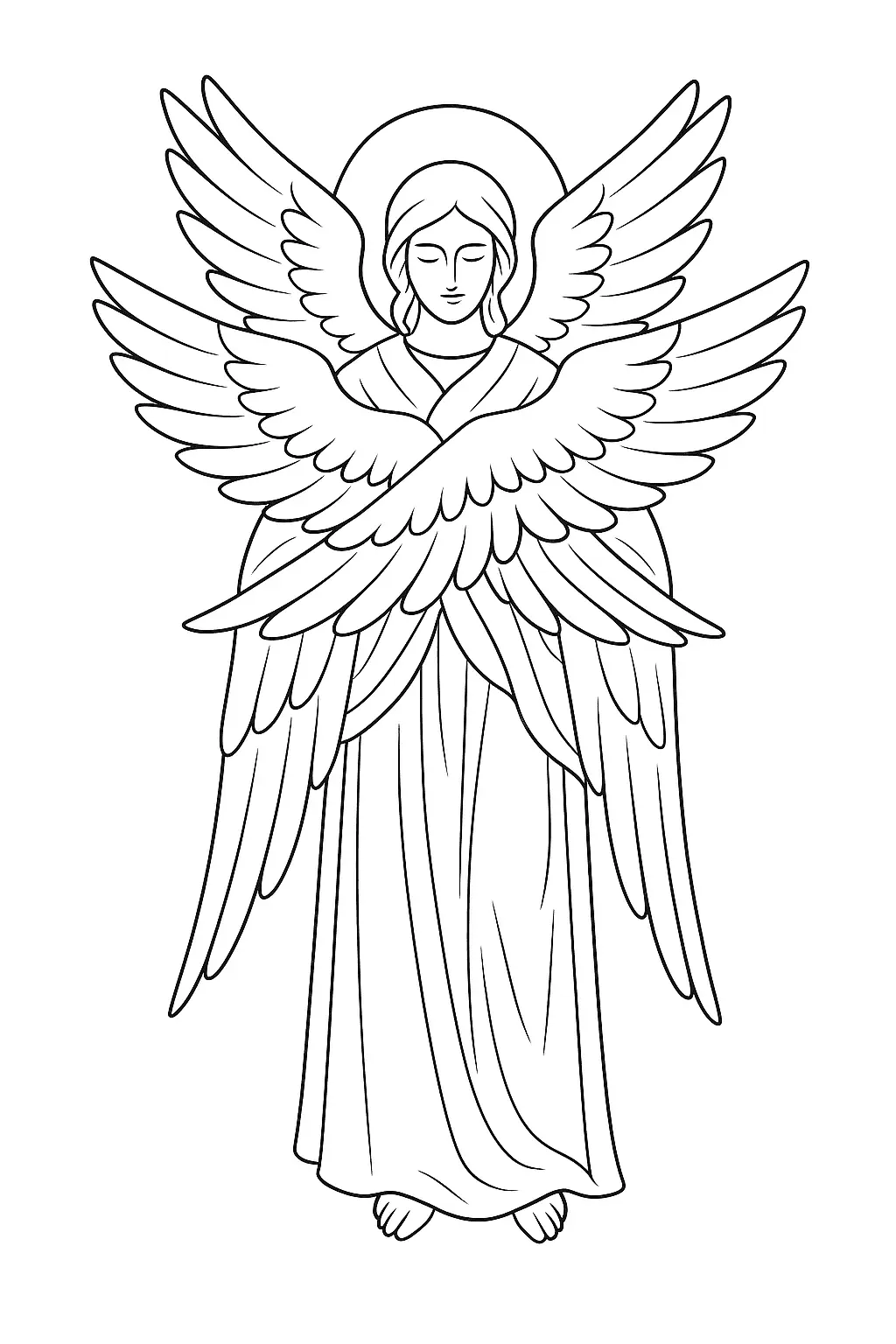 Desenho de contorno em preto e branco de uma figura angelical de corpo inteiro, com a cabeça coberta por um capuz. A figura tem múltiplas asas (seis) que se cruzam sobre o corpo, vestindo uma longa túnica.