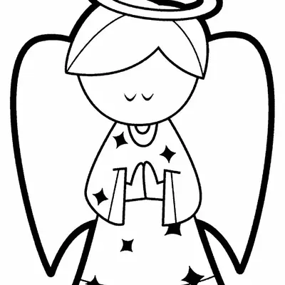 Desenho de contorno em preto e branco, com linhas muito grossas, de um anjo em oração. O anjo tem cabelo curto com franja, uma auréola grande, asas largas e estrelas decorando sua túnica.