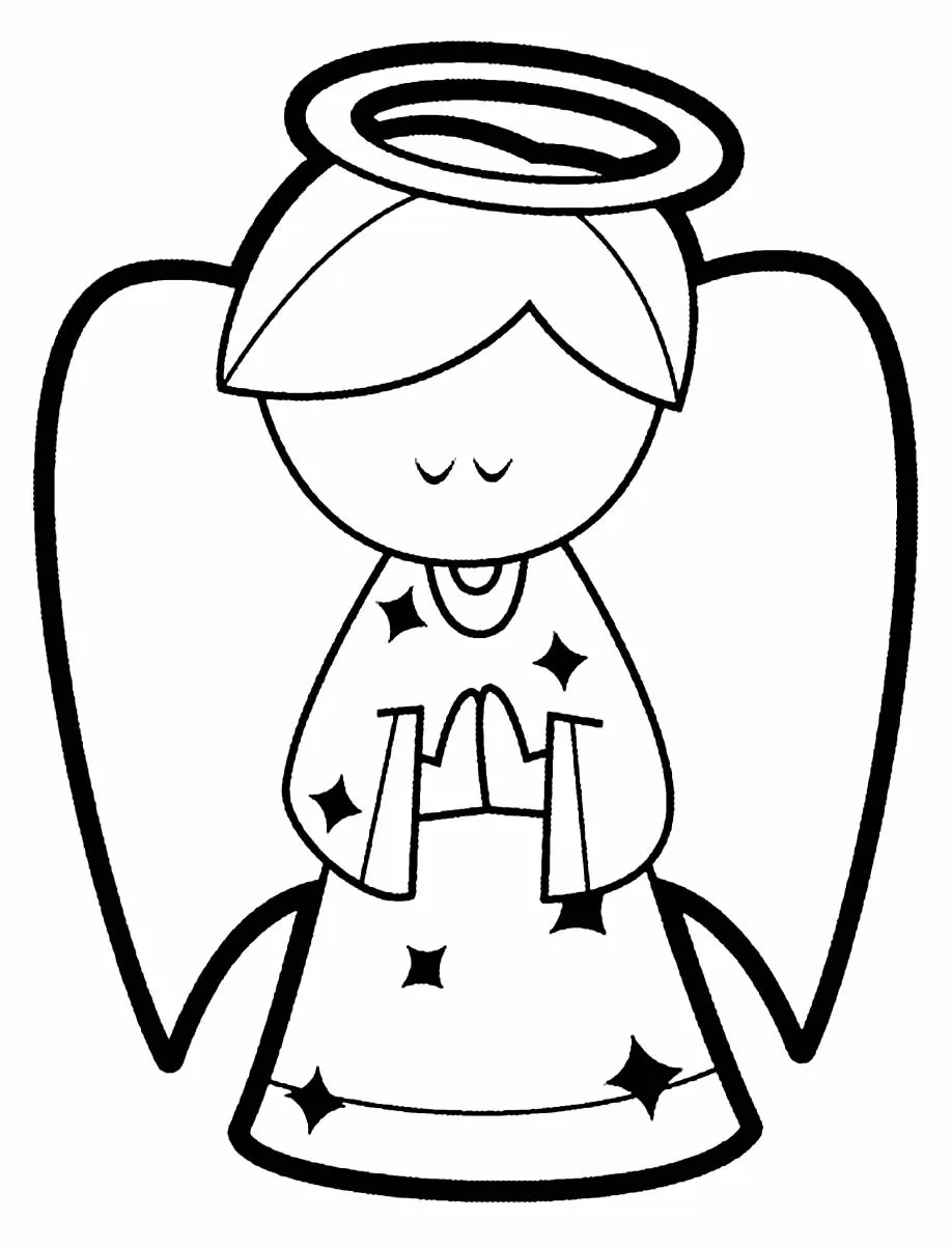 Desenho de contorno em preto e branco, com linhas muito grossas, de um anjo em oração. O anjo tem cabelo curto com franja, uma auréola grande, asas largas e estrelas decorando sua túnica.