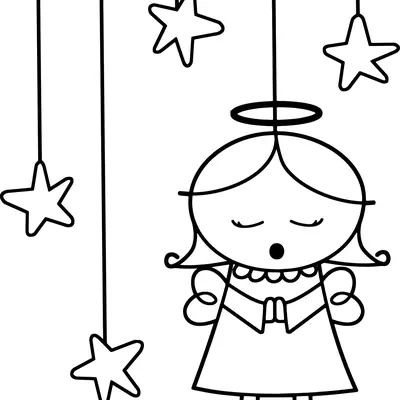 Desenho de contorno em preto e branco, estilo doodle ou minimalista, de uma anjo criança com auréola e asas simples. O anjo está com as mãos unidas em oração e a boca aberta cantando, com três estrelas penduradas por cordas finas ao redor.