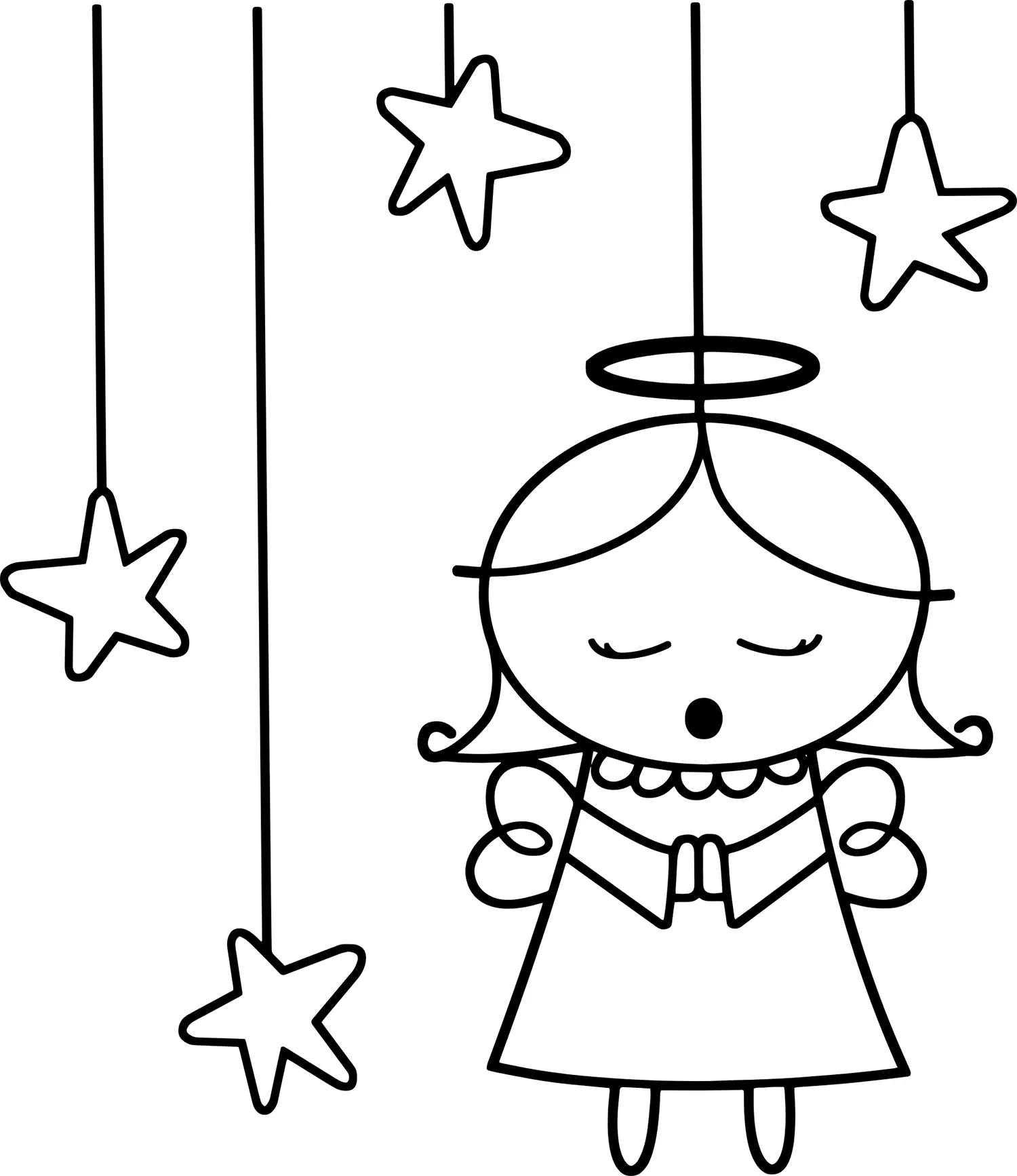 Desenho de contorno em preto e branco, estilo doodle ou minimalista, de uma anjo criança com auréola e asas simples. O anjo está com as mãos unidas em oração e a boca aberta cantando, com três estrelas penduradas por cordas finas ao redor.