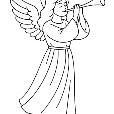 Desenho de Anjo com Asas e Auréola Tocando a Trombeta (Corneta)