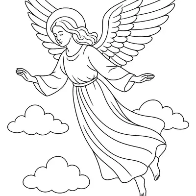 Desenho de contorno em preto e branco de um anjo em voo. A figura veste uma túnica fluida, tem asas grandes abertas e auréola, com os braços estendidos. Três nuvens arredondadas flutuam sob os pés do anjo.