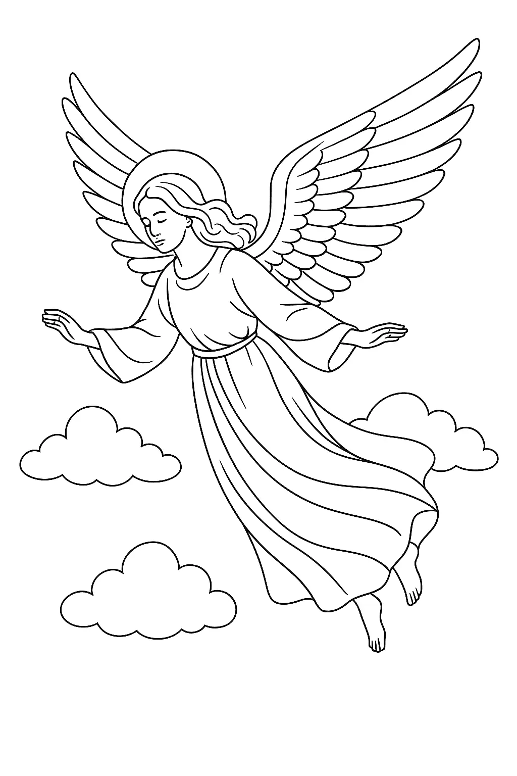 Desenho de contorno em preto e branco de um anjo em voo. A figura veste uma túnica fluida, tem asas grandes abertas e auréola, com os braços estendidos. Três nuvens arredondadas flutuam sob os pés do anjo.