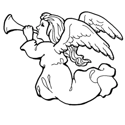 Desenho de contorno em preto e branco, estilo clássico, de um anjo adultojovem em pose de voo lateral (horizontal). O anjo tem cabelo comprido e ondulado, grandes asas e está tocando uma trombeta simples, com vestes esvoaçantes.