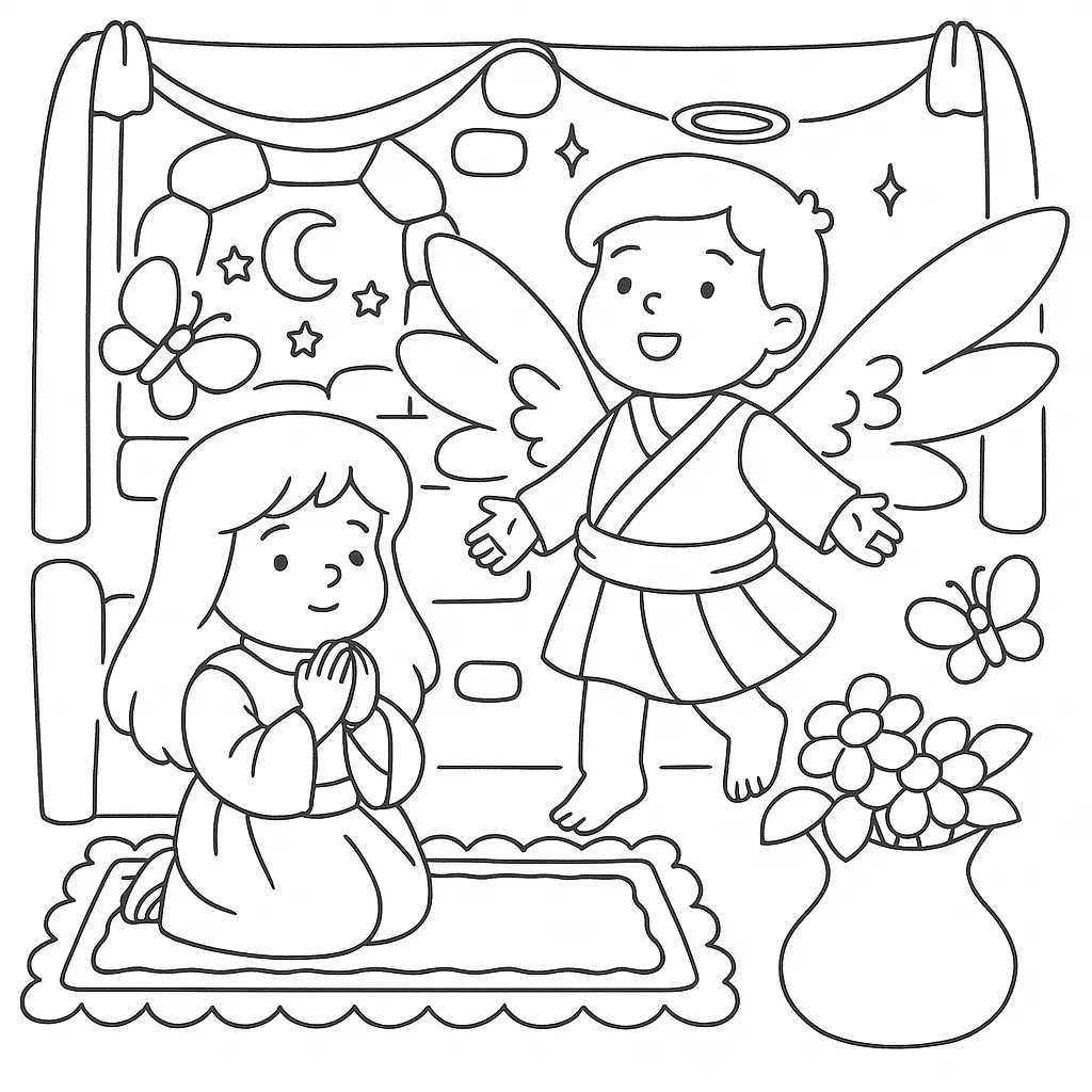 Desenho de contorno estilo infantil da Anunciação, com o Anjo Gabriel à direita e Maria ajoelhada em oração à esquerda, com flores e borboletas.