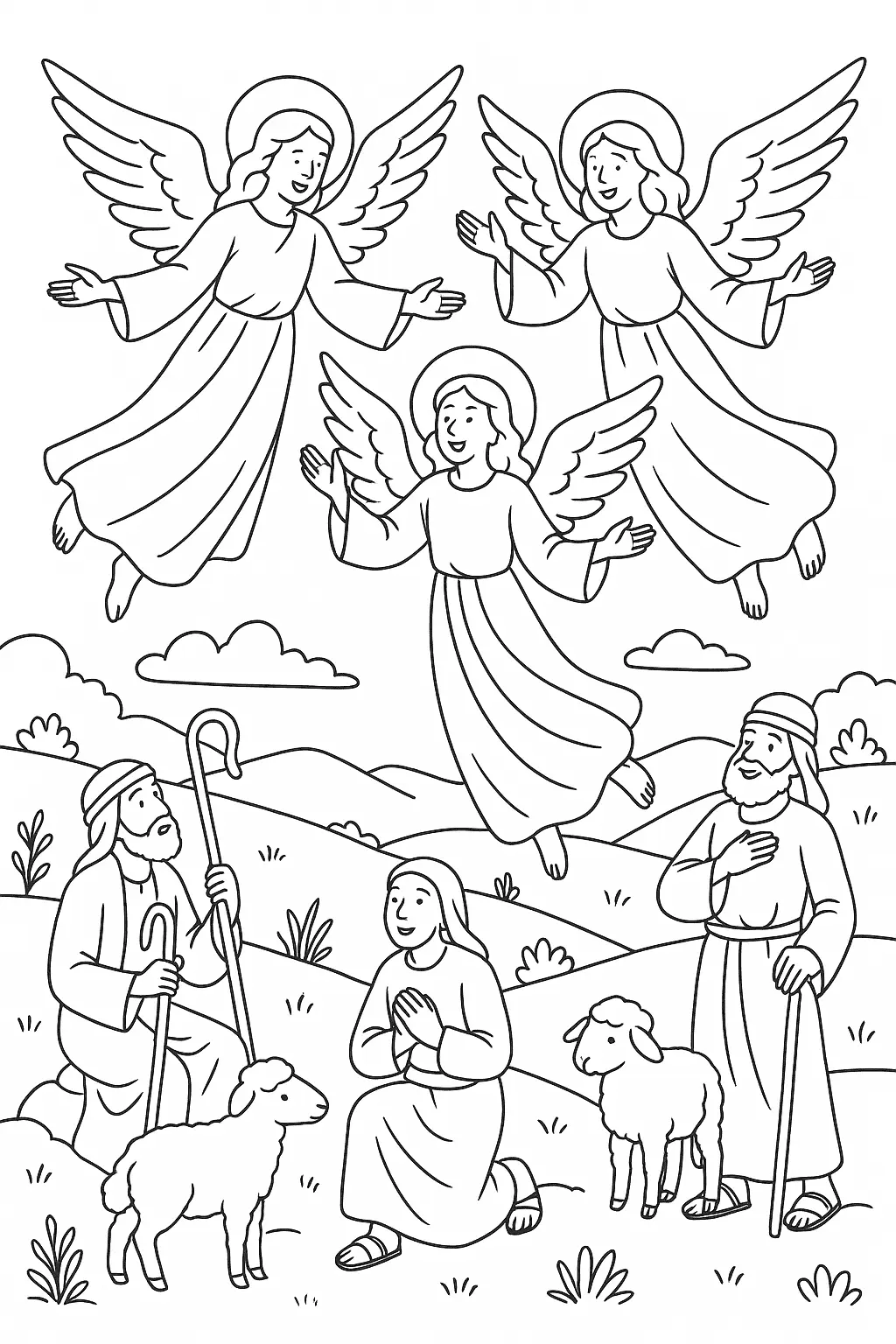 Desenho de contorno da cena da Anunciação aos Pastores. Três anjos com asas e auréolas flutuam no céu acima de três pastores, que se ajoelham ou se apoiam em cajados, e duas ovelhas. A cena se passa numa paisagem rural com colinas e vegetação.