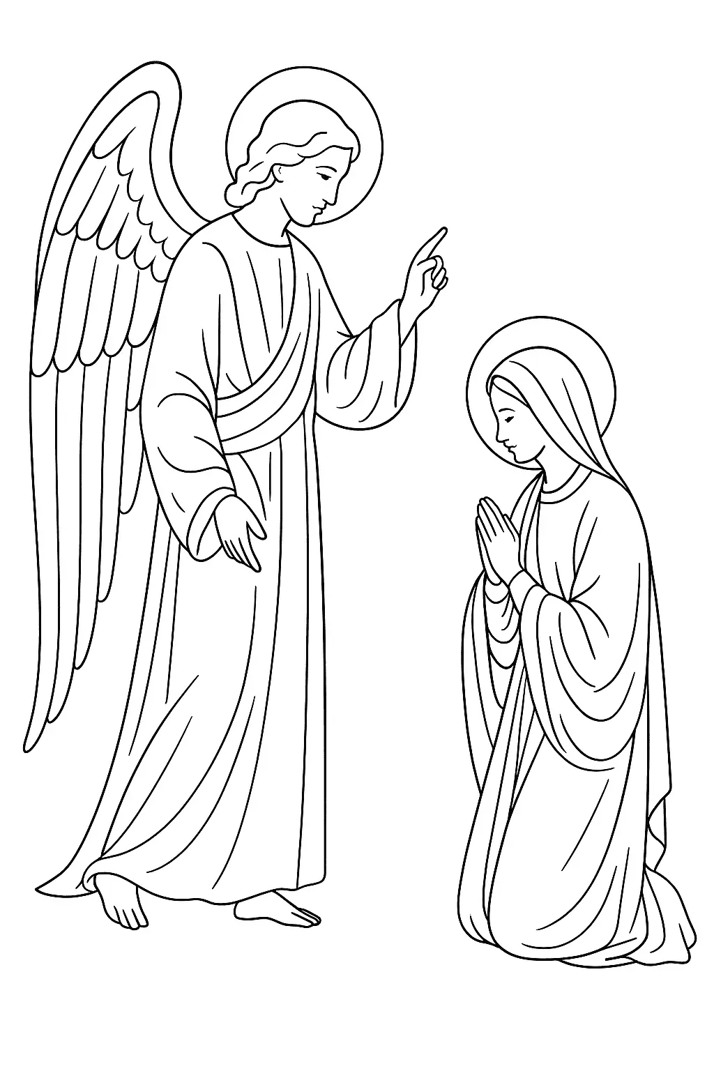 Desenho de contorno em preto e branco da Anunciação. O Anjo Gabriel está em pé, com grandes asas, túnica e auréola, apontando para cima. A Virgem Maria está ajoelhada à direita, com as mãos unidas em oração e auréola.