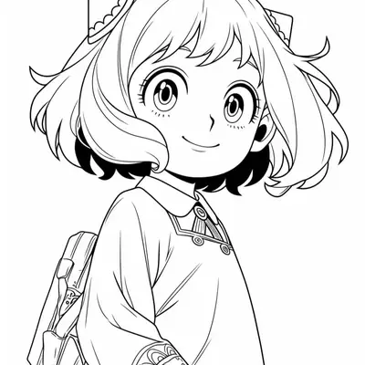 Desenho de contorno em preto e branco de Anya Forger de perfil, sorrindo, com mochila nas costas e uniforme escolar detalhado.
