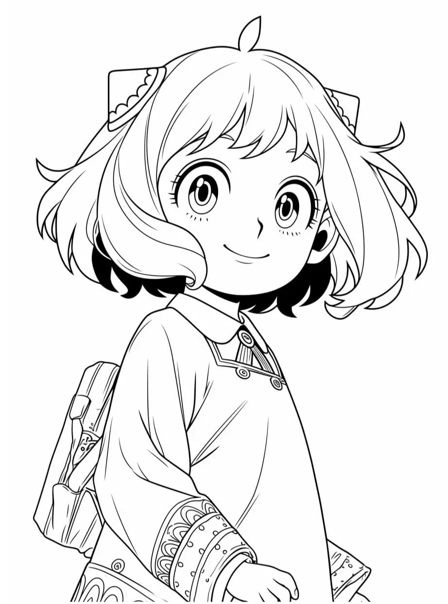 Desenho de contorno em preto e branco de Anya Forger de perfil, sorrindo, com mochila nas costas e uniforme escolar detalhado.