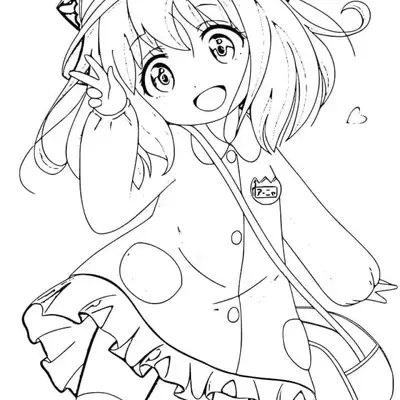 Desenho de contorno em preto e branco de Anya Forger sorrindo, fazendo sinal de 