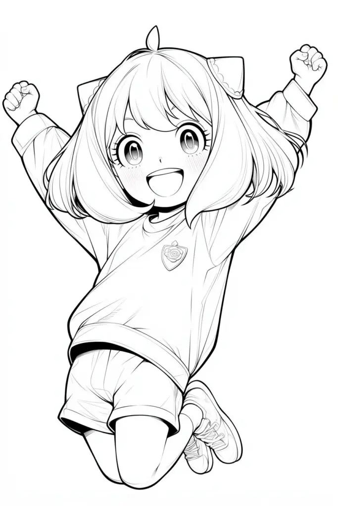 Desenho de contorno em preto e branco de Anya Forger saltando com os braços erguidos e punhos cerrados, usando camiseta com escudo e shorts.