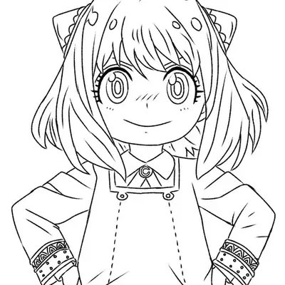 Desenho de contorno em preto e branco de Anya Forger com as mãos na cintura, sorrindo, vestindo o uniforme da Academia Eden com detalhes rendados nos punhos.