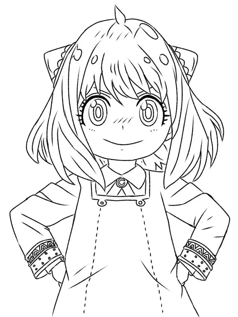 Desenho de contorno em preto e branco de Anya Forger com as mãos na cintura, sorrindo, vestindo o uniforme da Academia Eden com detalhes rendados nos punhos.