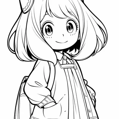 Desenho de contorno em preto e branco de Anya Forger em pé, usando casaco escolar com botões, saia plissada e mochila nas costas.