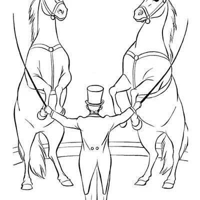 Desenho de contorno das costas de um apresentador de circo de cartola, comandando dois cavalos que estão empinados nas patas traseiras no picadeiro.