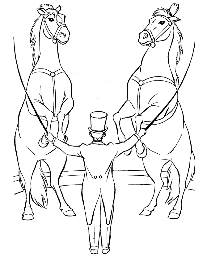 Desenho de contorno das costas de um apresentador de circo de casaca e cartola, com dois cavalos empinando à sua frente no picadeiro.