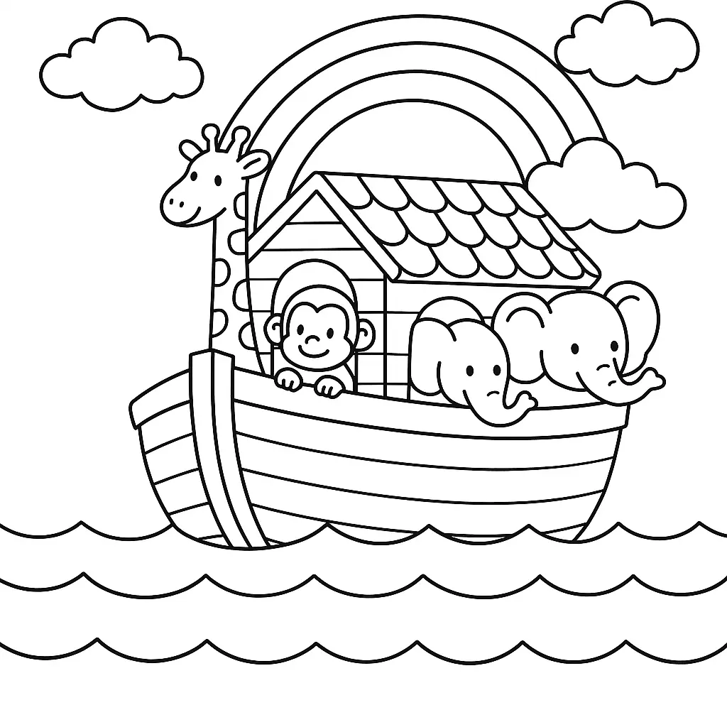 Desenho de contorno estilo infantil de uma arca de madeira no mar, com uma girafa, um macaco e dois elefantes visíveis, sob um grande arco-íris e nuvens.
