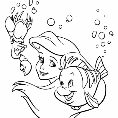Desenho da Ariel com Linguado e Sebastião para Colorir
