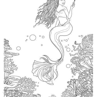 Desenho de contorno detalhado da sereia Ariel com cabelos longos e cacheados, segurando um garfo e nadando sobre um jardim de corais e um caranguejo.