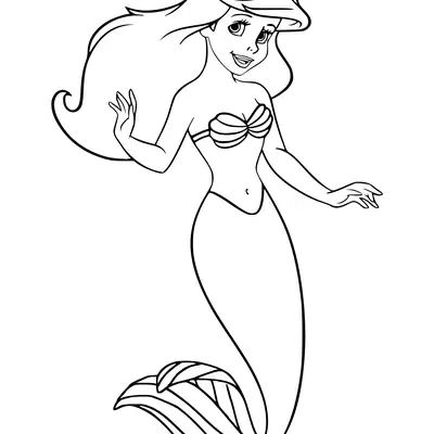 Desenho de contorno em preto e branco da sereia Ariel, com cabelos longos ondulados para o lado, um leve sorriso e cauda relaxada.