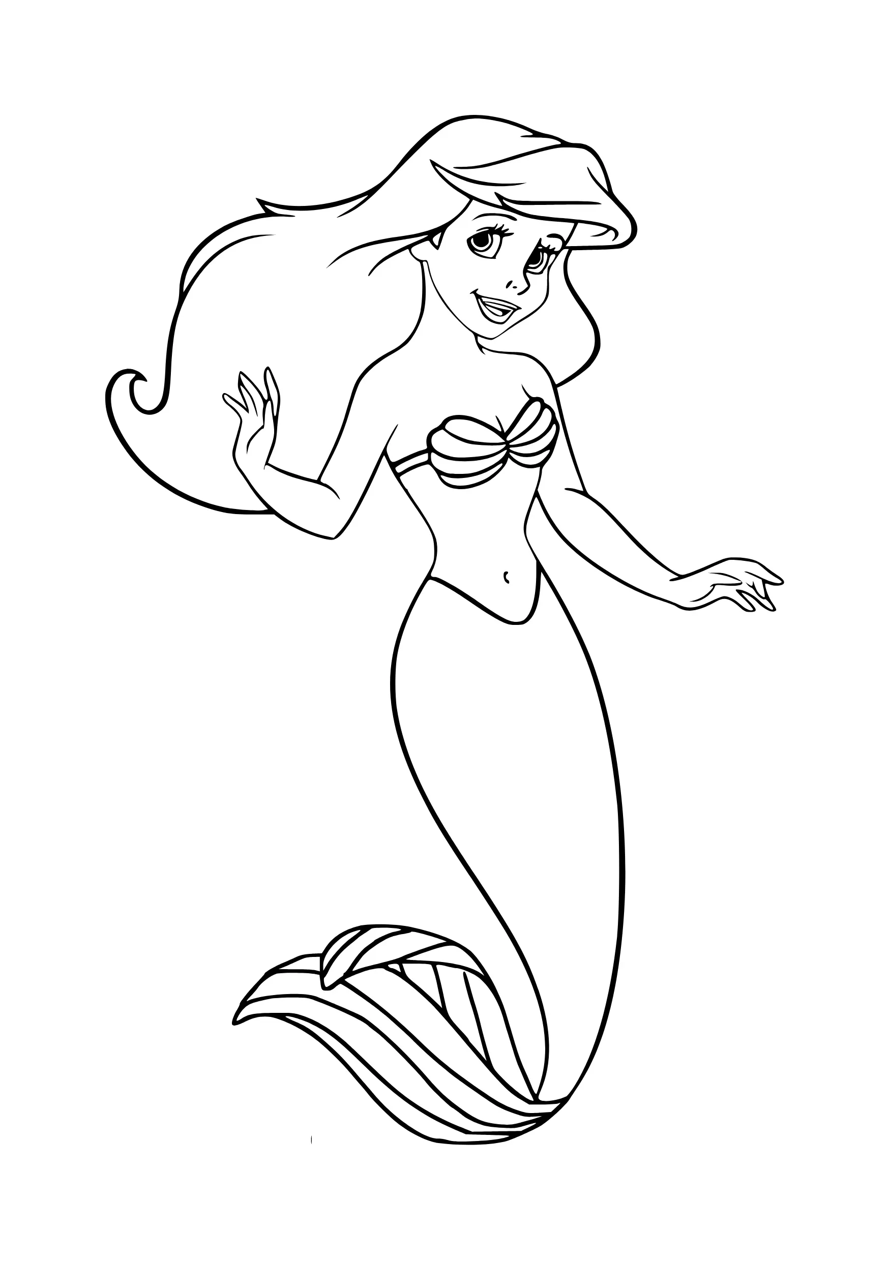 Desenho de contorno em preto e branco da sereia Ariel, com cabelos longos ondulados para o lado, um leve sorriso e cauda relaxada.