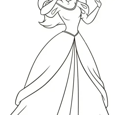 Desenho de contorno em preto e branco da Ariel humana, sorrindo e arrumando o cabelo, vestindo um vestido de gala longo com babados na barra.