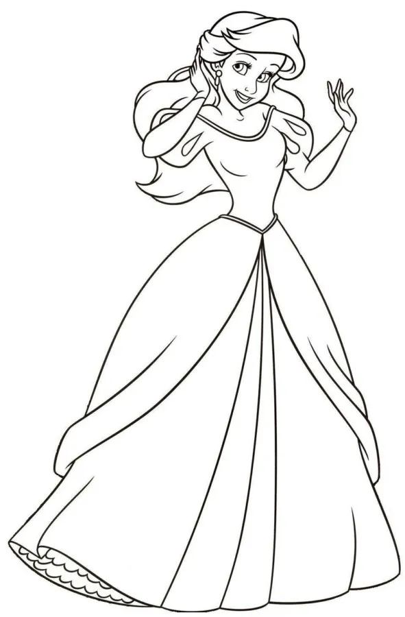 Desenho de contorno em preto e branco da Ariel humana, sorrindo e arrumando o cabelo, vestindo um vestido de gala longo com babados na barra.