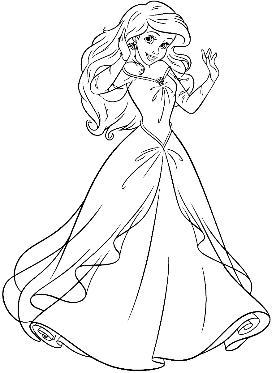 Desenho de contorno em preto e branco da Ariel humana usando um vestido de gala longo com mangas compridas e detalhes de pregas fluidas na saia.