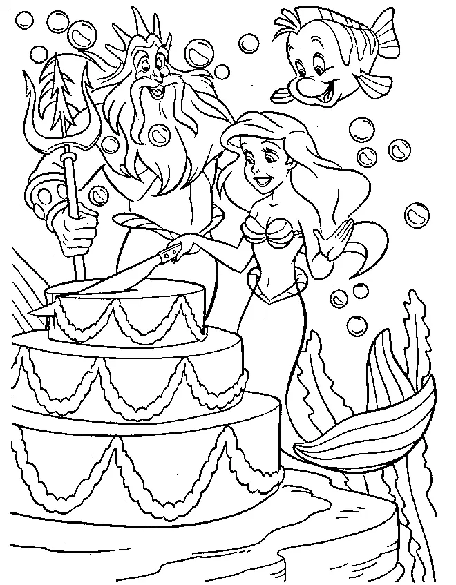 Desenho de contorno em preto e branco da sereia Ariel e do Rei Tritão cortando um grande bolo decorado com guirlandas, com Linguado nadando acima.