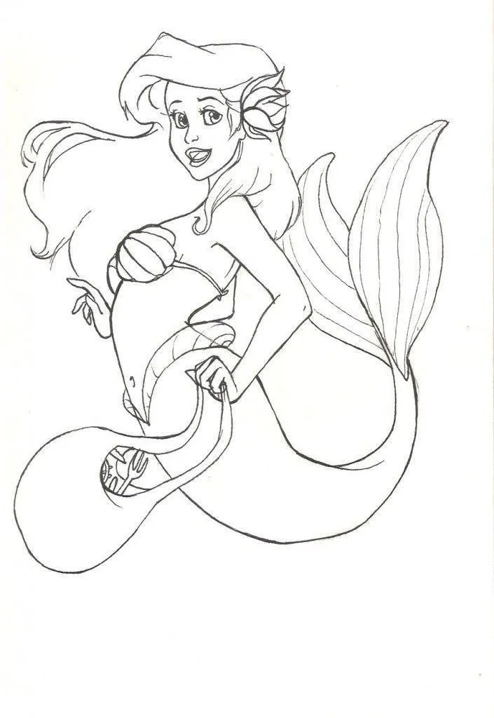 Desenho de contorno em preto e branco da sereia Ariel de perfil, segurando uma sacola aberta que revela um garfo e outros objetos, com uma flor no cabelo.