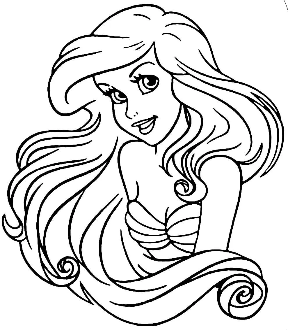Desenho de contorno em preto e branco do busto da sereia Ariel, com destaque para as mechas de cabelo longas e encaracoladas que envolvem seu corpo.