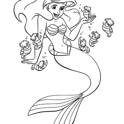 Desenho de contorno em preto e branco da sereia Ariel com um pequeno cavalo-marinho na palma da mão e outros seis nadando ao seu redor.