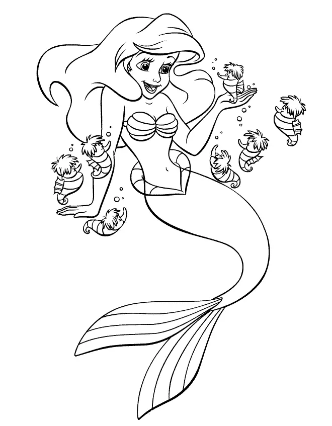 Desenho de contorno em preto e branco da sereia Ariel com um pequeno cavalo-marinho na palma da mão e outros seis nadando ao seu redor.