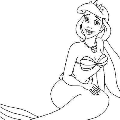 Desenho de contorno em preto e branco da sereia Ariel sentada, usando um colar com pingente de concha e uma tiara de três pontas no cabelo.