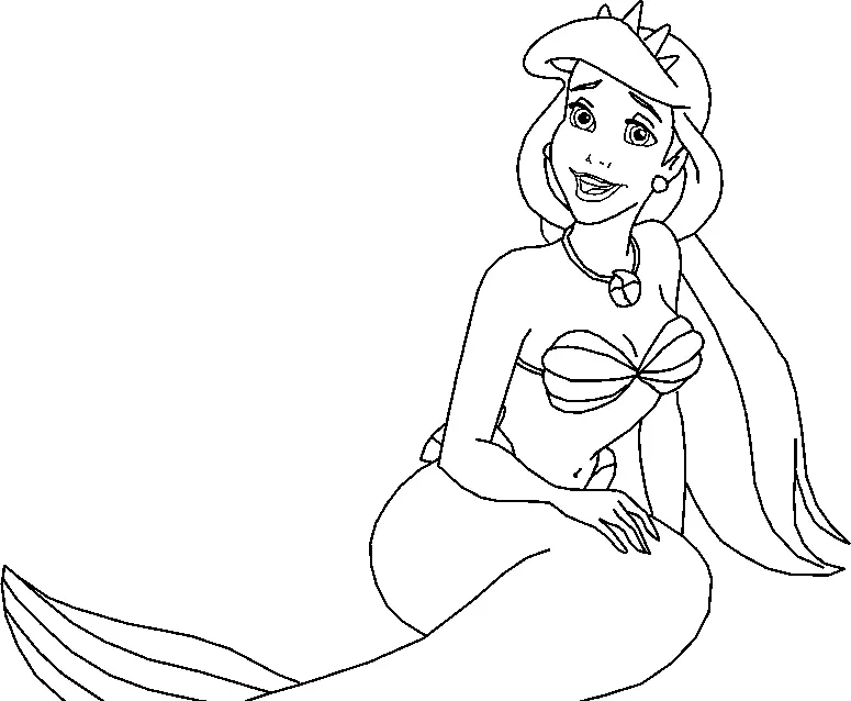 Desenho de contorno em preto e branco da sereia Ariel sentada, usando um colar com pingente de concha e uma tiara de três pontas no cabelo.