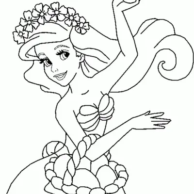 Desenho de contorno em preto e branco da sereia Ariel usando uma coroa de flores, segurando um ovo para cima e uma cesta no braço.