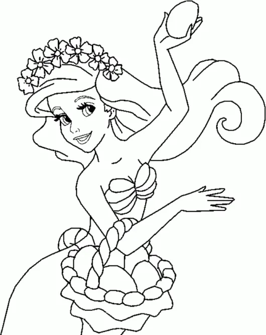 Desenho de contorno em preto e branco da sereia Ariel usando uma coroa de flores, segurando um ovo para cima e uma cesta no braço.