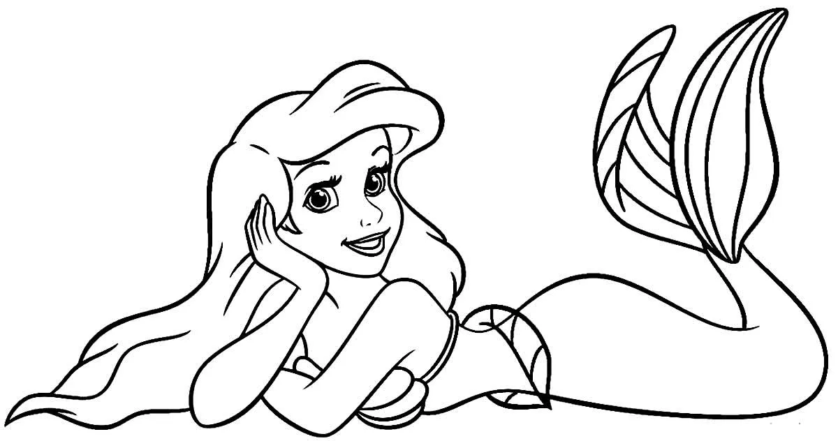 Desenho de contorno em preto e branco da sereia Ariel deitada de lado, com a cabeça apoiada na mão esquerda e cauda levantada.