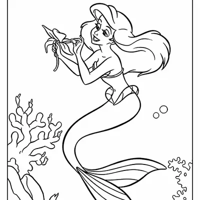 Desenho da Ariel Admirando uma Flor do Mar para Colorir